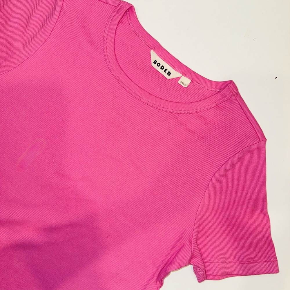 Boden Pink Ribbed Short Sleeve Tee Shirt Women's Large L Crew Neck Preppy Y2K